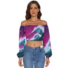 Tsunami Waves Ocean Sea Nautical Nature Water Unique Long Sleeve Crinkled Weave Crop Top by Jancukart