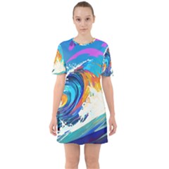 Tsunami Waves Ocean Sea Nautical Nature Water Art Sixties Short Sleeve Mini Dress by Jancukart