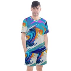 Tsunami Waves Ocean Sea Nautical Nature Water Art Men s Mesh Tee And Shorts Set