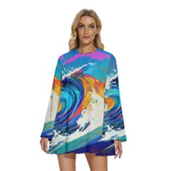 Tsunami Waves Ocean Sea Nautical Nature Water Art Round Neck Long Sleeve Bohemian Style Chiffon Mini Dress by Jancukart