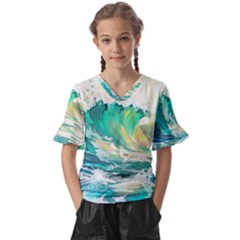 Waves Ocean Sea Tsunami Nautical 90 Kids  V-Neck Horn Sleeve Blouse