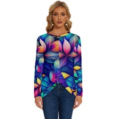 Ai Generated Artwork Leaves Nature Pattern Long Sleeve Crew Neck Pullover Top