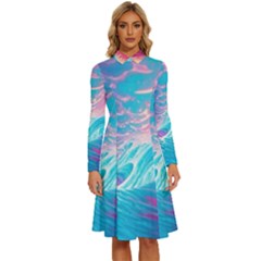 Tsunami Waves Ocean Sea Nautical Nature Water 6 Long Sleeve Shirt Collar A-line Dress by Jancukart
