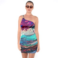 Tsunami Waves Ocean Sea Nautical Nature Water Painting One Shoulder Ring Trim Bodycon Dress by Jancukart