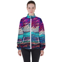 Tsunami Waves Ocean Sea Nautical Nature Water Painting Women s High Neck Windbreaker by Jancukart