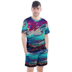 Tsunami Waves Ocean Sea Nautical Nature Water Painting Men s Mesh Tee And Shorts Set