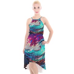 Tsunami Waves Ocean Sea Nautical Nature Water Painting High-Low Halter Chiffon Dress 