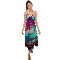 Tsunami Waves Ocean Sea Nautical Nature Water Painting Halter Tie Back Dress  by Jancukart