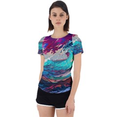 Tsunami Waves Ocean Sea Nautical Nature Water Painting Back Cut Out Sport Tee by Jancukart