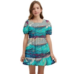 Tsunami Waves Ocean Sea Nautical Nature Water Painting Kids  Short Sleeve Dolly Dress