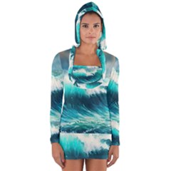 Waves Ocean Sea Tsunami Nautical Blue Long Sleeve Hooded T-shirt by Jancukart