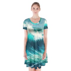 Waves Ocean Sea Tsunami Nautical Blue Short Sleeve V-neck Flare Dress by Jancukart