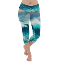 Waves Ocean Sea Tsunami Nautical Blue Lightweight Velour Capri Yoga Leggings by Jancukart