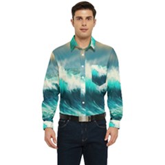 Waves Ocean Sea Tsunami Nautical Blue Men s Long Sleeve Pocket Shirt  by Jancukart