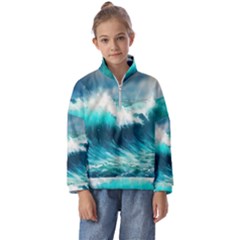 Waves Ocean Sea Tsunami Nautical Blue Kids  Half Zip Hoodie by Jancukart