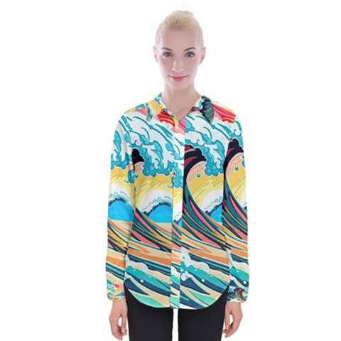 Waves Ocean Sea Tsunami Nautical 8 Womens Long Sleeve Shirt by Jancukart