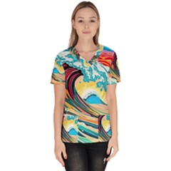 Waves Ocean Sea Tsunami Nautical 8 Women s V-neck Scrub Top