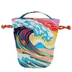 Waves Ocean Sea Tsunami Nautical 8 Drawstring Bucket Bag by Jancukart
