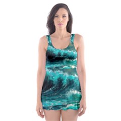 Tsunami Waves Ocean Sea Nautical Nature Water 5 Skater Dress Swimsuit by Jancukart