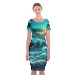 Tsunami Waves Ocean Sea Nautical Nature Water 5 Classic Short Sleeve Midi Dress by Jancukart