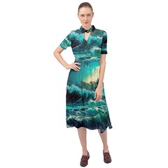 Tsunami Waves Ocean Sea Nautical Nature Water 5 Keyhole Neckline Chiffon Dress by Jancukart