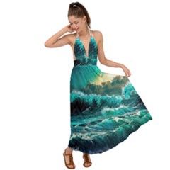 Tsunami Waves Ocean Sea Nautical Nature Water 5 Backless Maxi Beach Dress by Jancukart