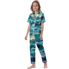 Tsunami Waves Ocean Sea Nautical Nature Water 5 Kids  Satin Short Sleeve Pajamas Set by Jancukart