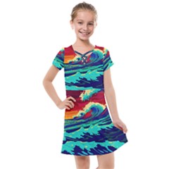 Tsunami Waves Ocean Sea Nautical Nature Water 9 Kids  Cross Web Dress