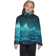 Tsunami Waves Ocean Sea Nautical Nature Water 7 Kids  Puffer Bubble Jacket Coat by Jancukart