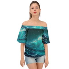 Tsunami Waves Ocean Sea Nautical Nature Water 7 Off Shoulder Short Sleeve Top by Jancukart