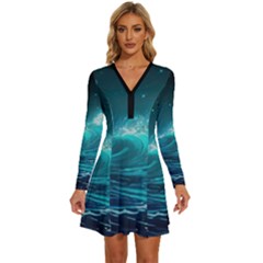 Tsunami Waves Ocean Sea Nautical Nature Water 7 Long Sleeve Deep V Mini Dress  by Jancukart