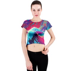 Tsunami Waves Ocean Sea Nautical Nature Water Blue Pink Crew Neck Crop Top