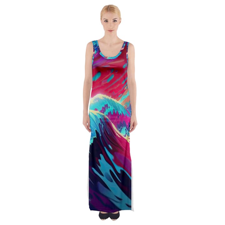 Tsunami Waves Ocean Sea Nautical Nature Water Blue Pink Thigh Split Maxi Dress