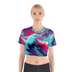 Tsunami Waves Ocean Sea Nautical Nature Water Blue Pink Cotton Crop Top by Jancukart