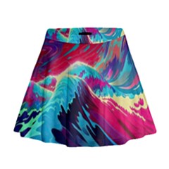 Tsunami Waves Ocean Sea Nautical Nature Water Blue Pink Mini Flare Skirt