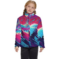 Tsunami Waves Ocean Sea Nautical Nature Water Blue Pink Kids  Puffer Bubble Jacket Coat