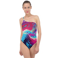 Tsunami Waves Ocean Sea Nautical Nature Water Blue Pink Classic One Shoulder Swimsuit