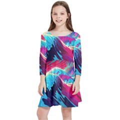 Tsunami Waves Ocean Sea Nautical Nature Water Blue Pink Kids  Quarter Sleeve Skater Dress