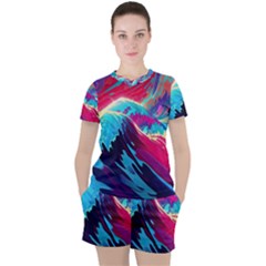 Tsunami Waves Ocean Sea Nautical Nature Water Blue Pink Women s Tee and Shorts Set