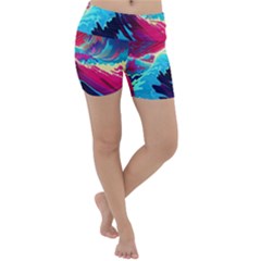 Tsunami Waves Ocean Sea Nautical Nature Water Blue Pink Lightweight Velour Yoga Shorts by Jancukart