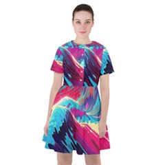 Tsunami Waves Ocean Sea Nautical Nature Water Blue Pink Sailor Dress