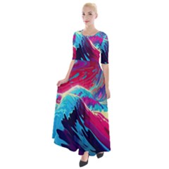 Tsunami Waves Ocean Sea Nautical Nature Water Blue Pink Half Sleeves Maxi Dress