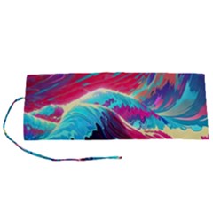 Tsunami Waves Ocean Sea Nautical Nature Water Blue Pink Roll Up Canvas Pencil Holder (S)