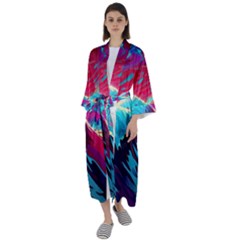 Tsunami Waves Ocean Sea Nautical Nature Water Blue Pink Maxi Satin Kimono