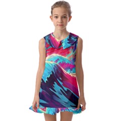 Tsunami Waves Ocean Sea Nautical Nature Water Blue Pink Kids  Pilgrim Collar Ruffle Hem Dress