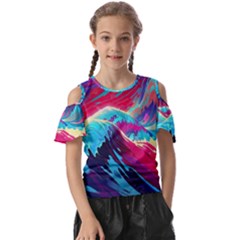 Tsunami Waves Ocean Sea Nautical Nature Water Blue Pink Kids  Butterfly Cutout Tee