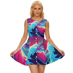 Tsunami Waves Ocean Sea Nautical Nature Water Blue Pink Sleeveless Button Up Dress