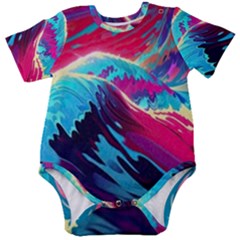 Tsunami Waves Ocean Sea Nautical Nature Water Blue Pink Baby Short Sleeve Bodysuit