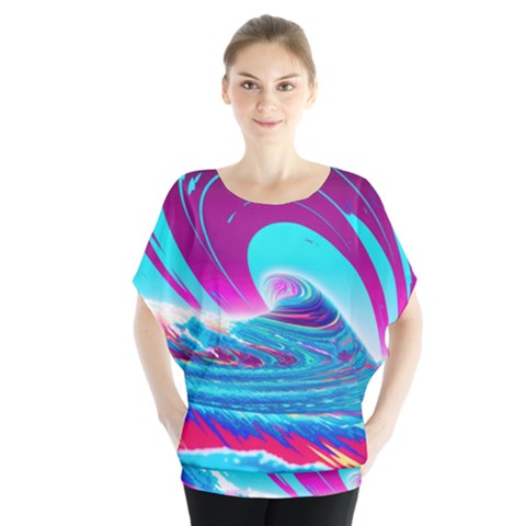 Tsunami Waves Ocean Sea Nautical Nature Water 3 Batwing Chiffon Blouse by Jancukart