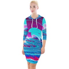 Tsunami Waves Ocean Sea Nautical Nature Water 3 Quarter Sleeve Hood Bodycon Dress by Jancukart